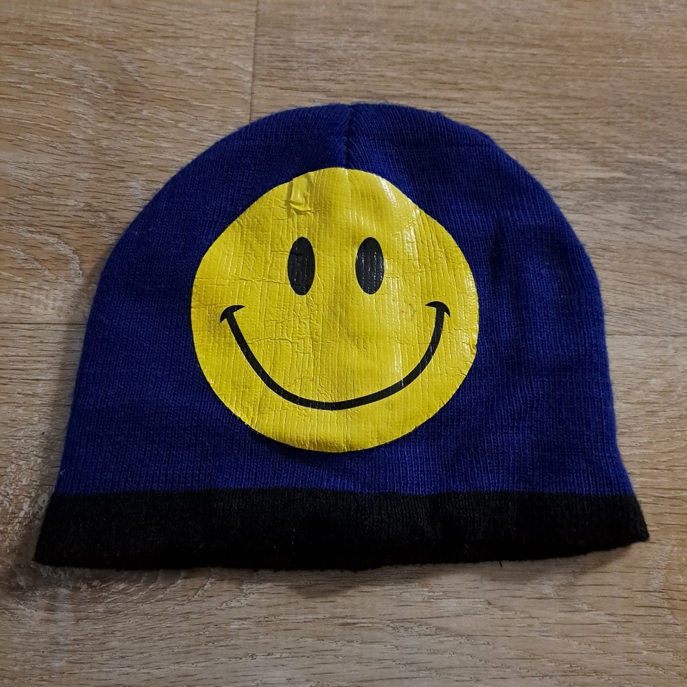 Toddler's Yellow Black Smiley Face on Blue Black Trim Beanie One Size